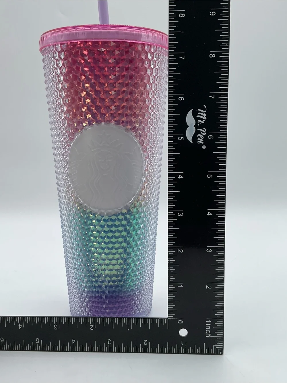 Starbucks 24 oz Jeweled Rainbow Iridescent Tumbler Pink Lid Straw Cold studded